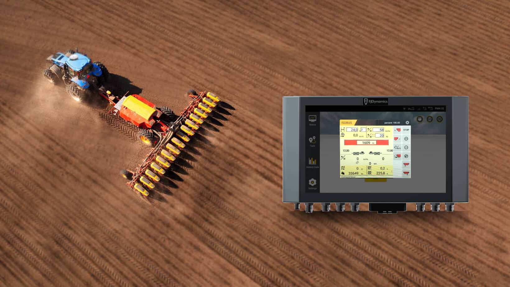The UT is a plug-and-play user interface for any ISOBUS-compatible implements. It visualizes data and allows users to check and control the implement through FJD's control terminal.