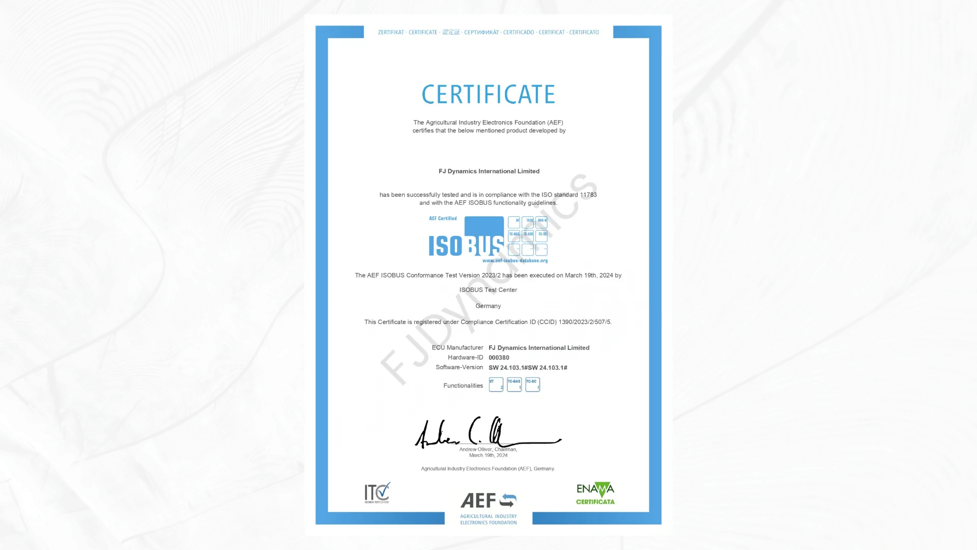 The FJD AT1 Autosteering Kit and FJD AT2 Auto Steer System have achieved certification under the UT2.0/TC-BAS1.0/TC-SC1.0 ISOBUS standards, ensuring compatibility with a wide range of ISOBUS-supported machinery and implements that share the same certification.