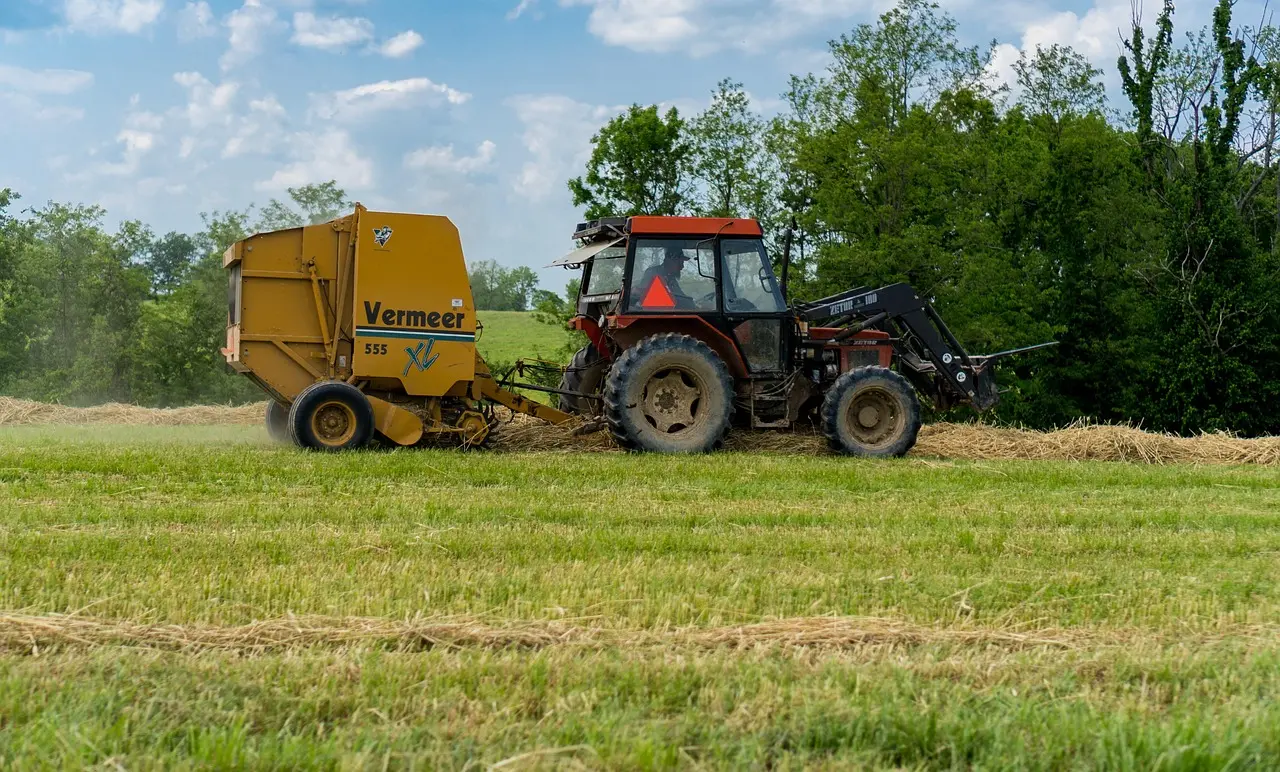 Vermeer 555 XL baler in operation: A yellow hay baler works in a field, supported by a red tractor, showcasing efficient baling equipment and the integration of agricultural machinery in a serene rural landscape.